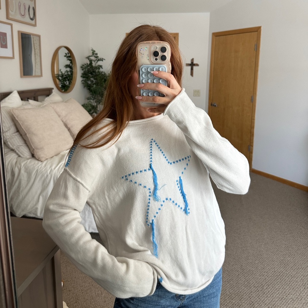 Wild Fable White Sweatshirt with Blue Star Embroidery